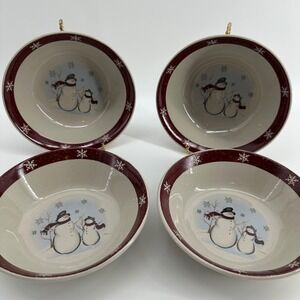 Royal Seasons Holiday Cereal Bowls Red Exc Snowman Snowflake Stoneware Set of 4